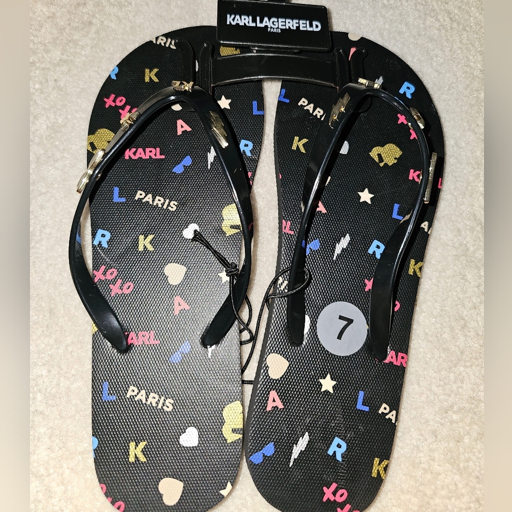 Karl Lagerfeld Black Flip Flops with Multicolor Accents